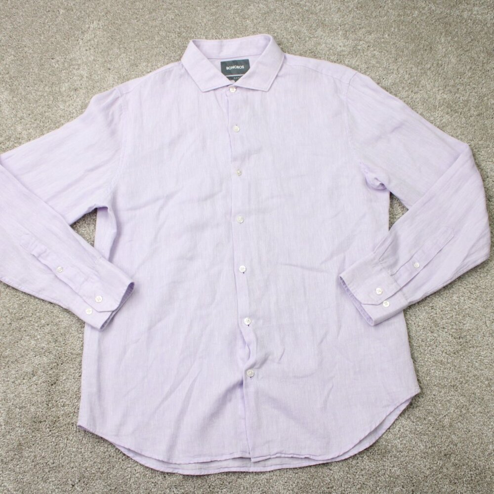 Bonobos‎ Shirt Mens Large Pink Slim Fit Linen/Cotton Long Sleeve Cutaway Collar - Picture 2 of 14